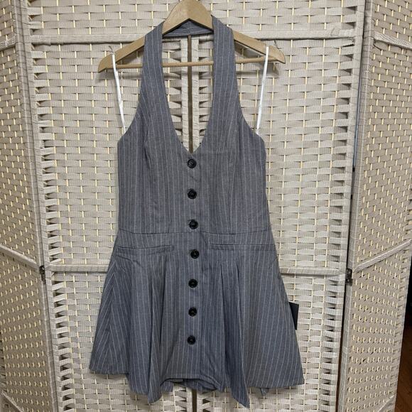 Lulus Size XL Posh Attraction Grey Pinstriped Button-Front Halter Mini Dress NEW - Picture 5 of 10
